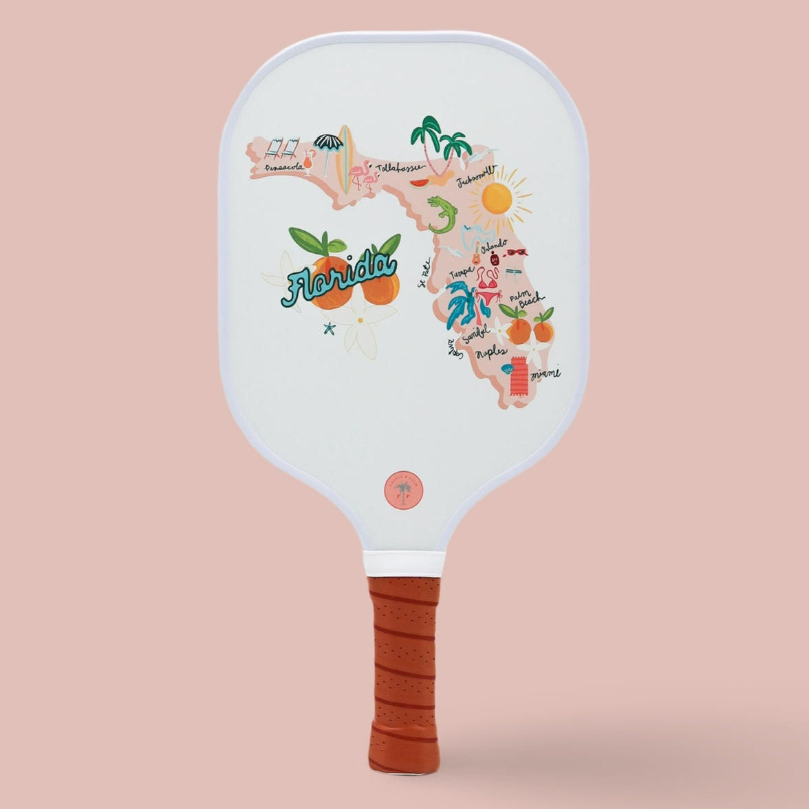 The front of a cute pickleball paddle with a silhouette of the state of Florida