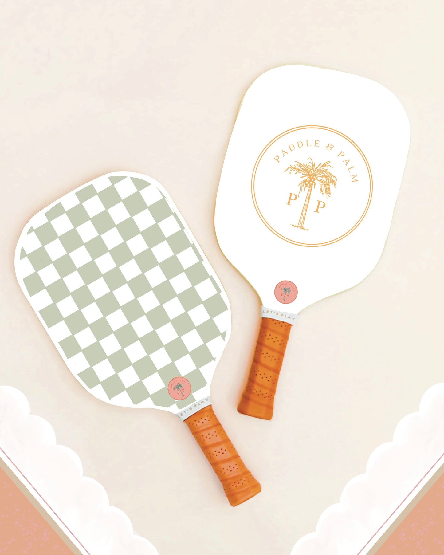 Both sides of a cute pickleball paddle with a checkered design and yellow logo