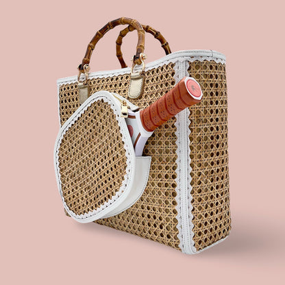 A cute pickleball bag made of cane and bamboo