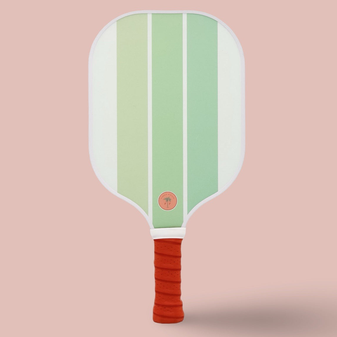 The front of a cute pickleball paddle with green stripes