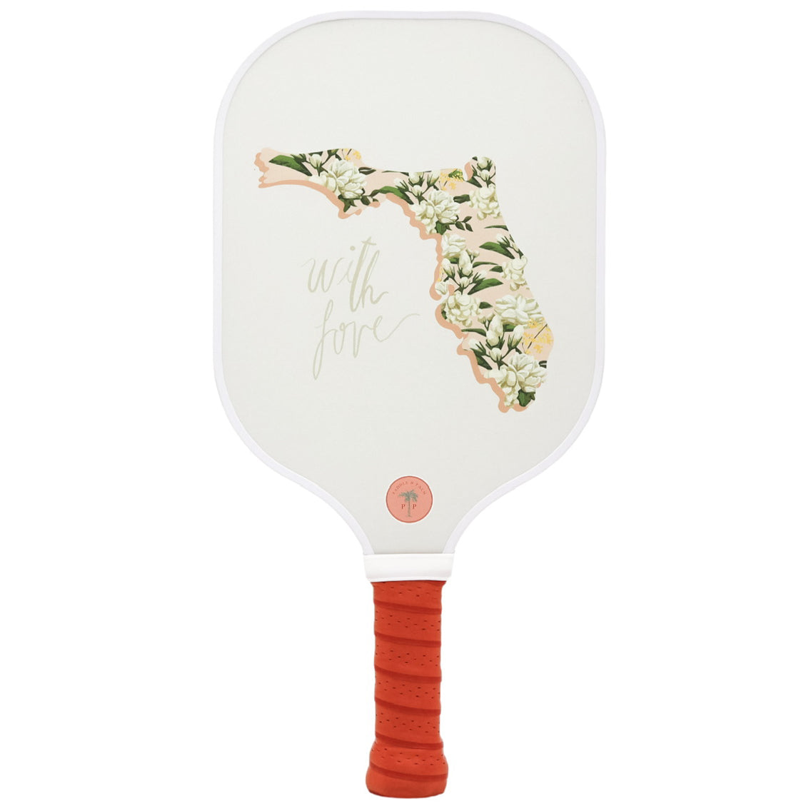 The front of a cute pickleball paddle with a silhouette of the state of Florida