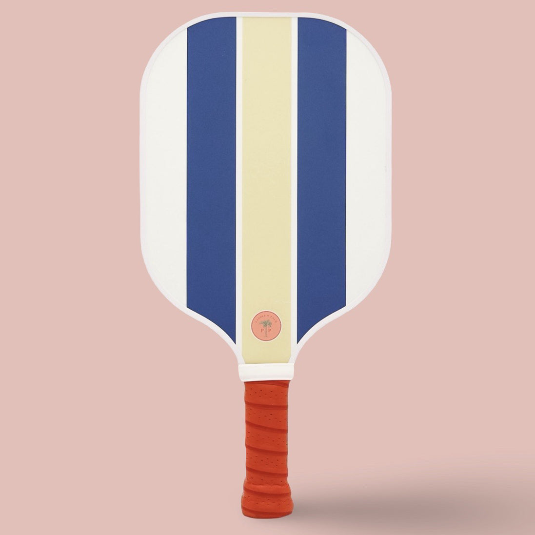 The front of a cute pickleball paddle with blue and gold stripes