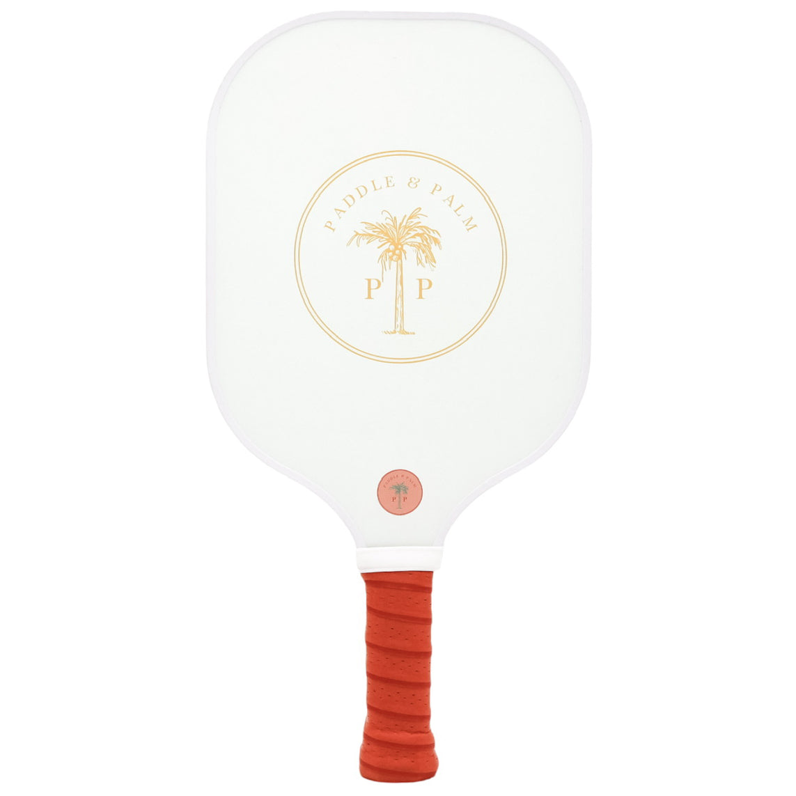 The back of a cute pickleball paddle with a yellow paddle and palm logo